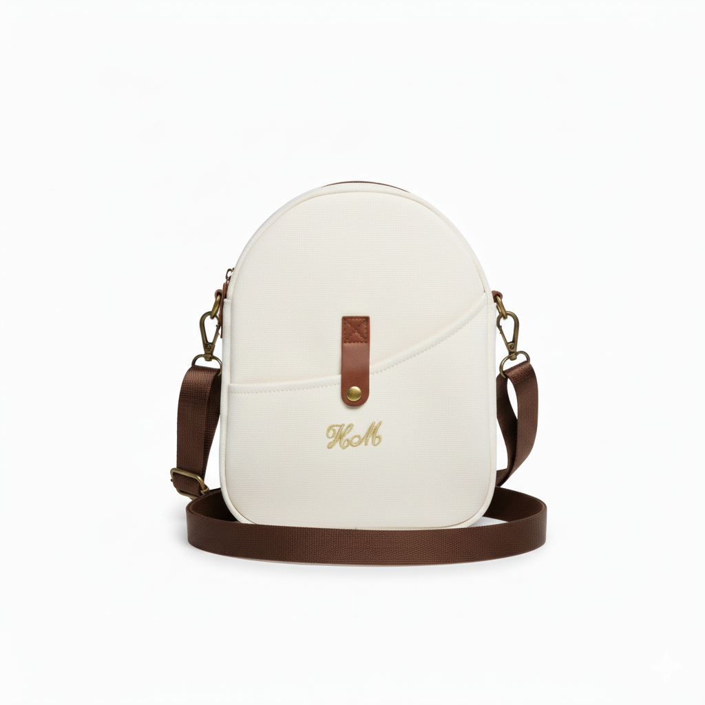 White handbag with brown strap and gold monogram on a white background