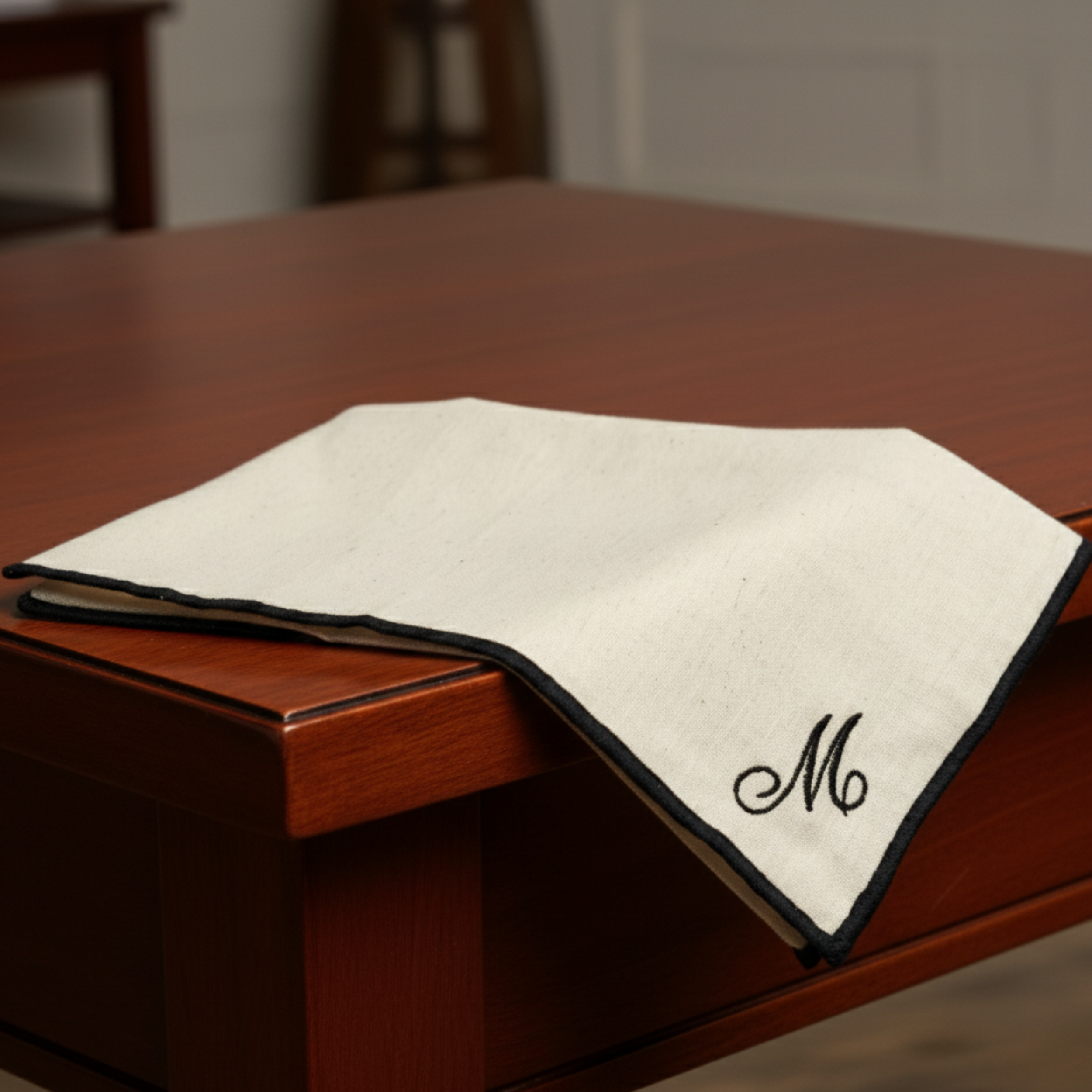 White cloth with a black border and monogram 'M' on a wooden table.