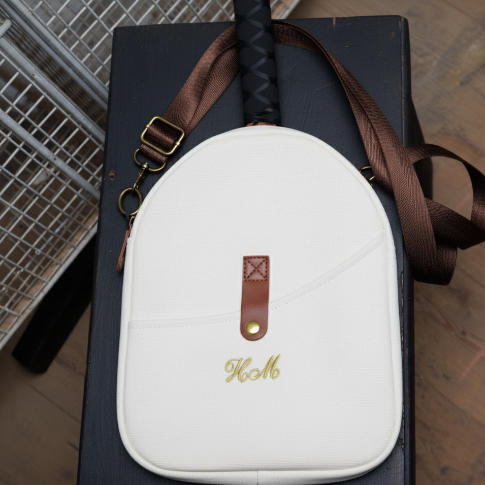 White bag with brown strap and 'Home' embroidery on a dark surface