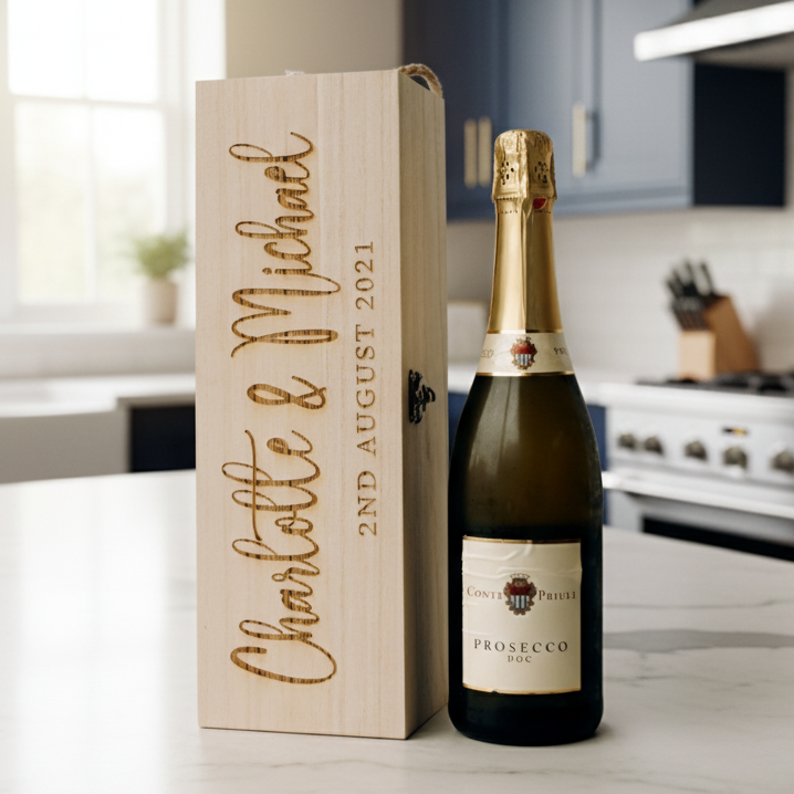 Prosecco bottle and wooden box with personalized text on a kitchen counter